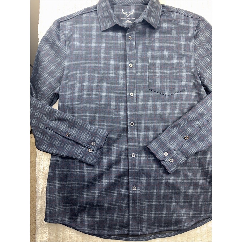 Age of Wisdom Flannel Shirt‎ Men Med Blue Plaid Flap Pocket Metal Button Shacket - Picture 4 of 12